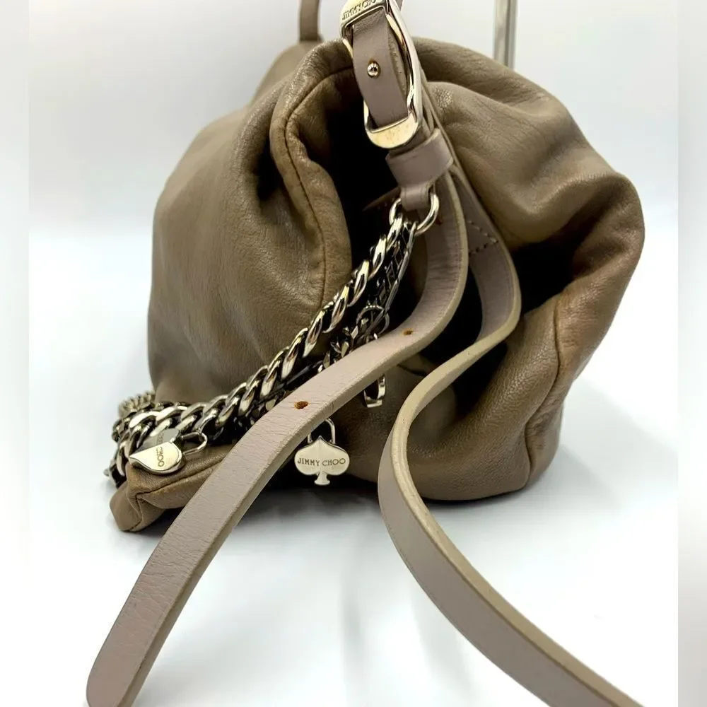 Auth Jimmy Choo Taupe Biker Chain Relaxed Hobo Bag. Excellent Preloved Satchel.